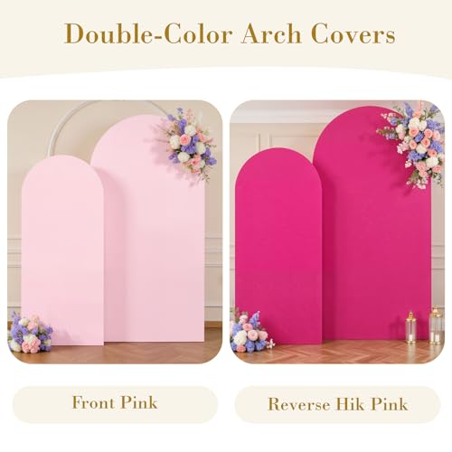 Image of Pink and Hot Pink Photo Arch Backdrop Cover Set of 2 Spandex 7.2 and 6ft Arch Covers Stretchy Backdrop Birthday Party Arch Stand Covers for Girls Baby Shower Wedding Banquet Background Decoration