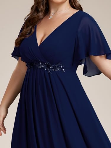Image of Ever-Pretty Short Sleeves V Neck Plus Size Formal Dresses for Curvy Women Chiffon Mother of The Bride Dress Evening Gowns