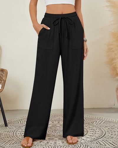 Neer 2 Pack Women's Linen Long Pants, Summer Drawstring Elastic Waist Flowy Straight Pant Casual Loose Beach Pant with Pocket4