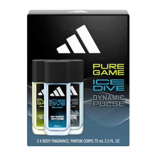 Image of adidas Giftset Pure Game, Ice Dive and Dynamic Pulse Body Fragrance (75ml, 2.5fl oz), for him, Notes of Rosemary, Lemon, Peppermint, and Grapefruit, Men's Fragrance, Long Lasting, Sporty Fragrance