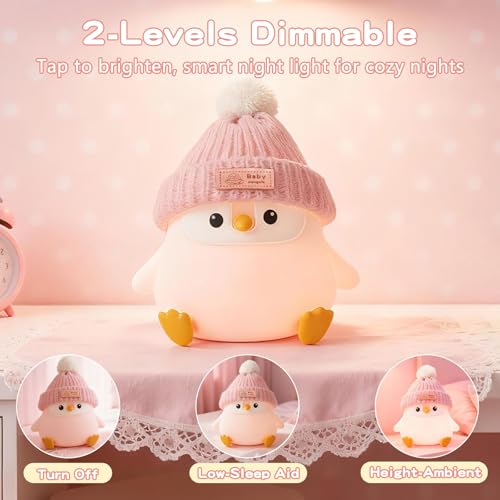 Image of FAMIDUO Penguin Night Light,Cute Pink Penguin Lamp with Hat,Kids Room Decor | Safe Silicone Nursery Nightlight ,Rechargeable /Dimmable /Timer LED Squishy Animal Bedside Touch Lamp,Funny Gift for Girls