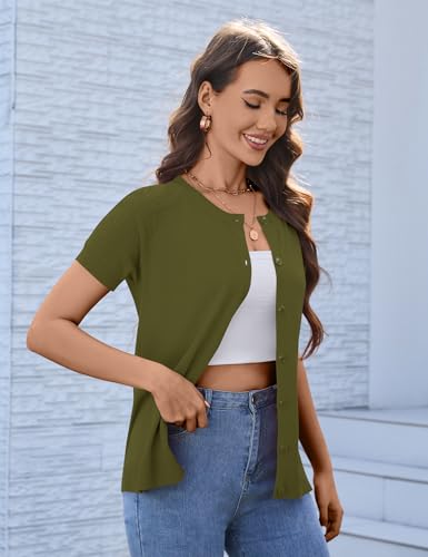 Image of FreshNight Women's 2025 Short Sleeve Cardigan Button Up Hollowed Out Crewneck Shrug Sweaters Knit Sweater Tops Lightweight