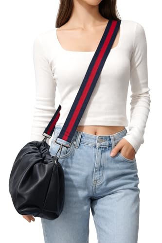 Image of Classic Navy Blue Red Stripe Purse Strap with Silver Hardware 1-1 /2 Inch Wide Replacement Crossbody Guitar Style Shoulder Strap for Handbags Totes