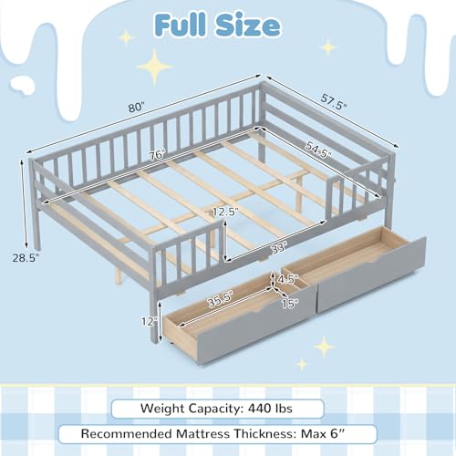 Image of KOMFOTT Full Bed Frame with Rails, Wood Daybed with Side Shelf & 2 Storage Drawers, Platform Bed with Guardrail & Wooden Slat Support for Kids Teens, No Box Spring Needed (Full,Grey)