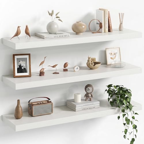 Image of Fun Memories 36Inch Floating Shelves for Wall, 8 Inch Deep Shelves for Bathroom|Bedroom|Kitchen, Large Wall Mounted Wood Hanging Shelf with Invisible Brackets for Home Storage Decor, White - 3 Pack