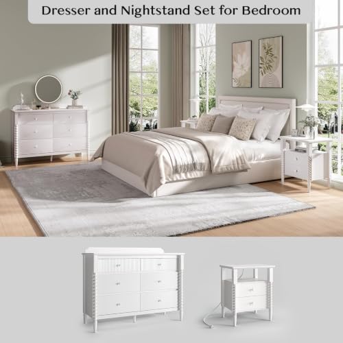 Image of JOINICE White Dresser and Nightstand Set for Bedroom, Jenny Lind Spindle