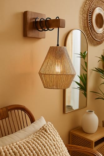 Image of AKWAY Rattan wall Lamps for Living Room | Bamboo wall Lights for Bedroom | Cane wall scones for Home Decoration (Bulb Not Included) (Raffia Bell Shaped)