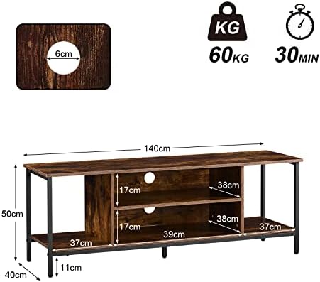 OFCASA TV Cabinet for 55 Inch TV Industrial Style TV Stand Cabinet with Open Shelves Metal Frame TV Console Table for Living Room 140 x 40 x 50cm