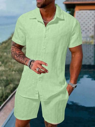 Image of GRECIILOOKS Men'S Summer Casual Two Piece Outfit, Textured Button Down Shirt and Shorts Set, Lightweight Poly Blend Co-Ord for Beach, Travel & Lounge Wear