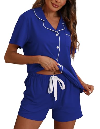 Image of ZMJ Pajamas for Women Set 2 Piece Pj Short Sets Bride Sleepwear Button Up Royal Blue S