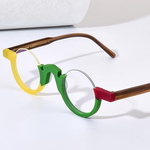Image of HEPIDEM Matte Multicolor Acetate Glasses Frame Women,Semi Rimless Round Optical Eyeglasses