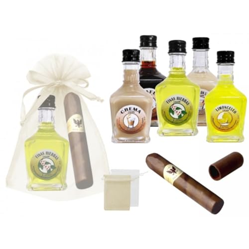 Lote de 10 Botellas de Licor Toscana 'La Rivera' Sabores Surtidos con Puros de Chocolate en Bolsas de Tul Lisas. Regalos Originales. Detalles de Bodas, comuniones, Bautizos y Eventos. DC