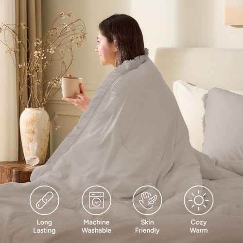 Image of Andency Queen Comforter Set Heather Grey, 3 Pieces Boho Fall Tassel Lightweight Bedding Comforter Sets, All Season Soft Bed Set (90x90In Comforter & 2 Pillowcases)