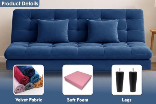 Image of Velvet Fabric Wooden 3-Seater Apsen Sofa Bed with Tufted Couch with Adjustable Backrest- Living Room Furniture-Blue-Color