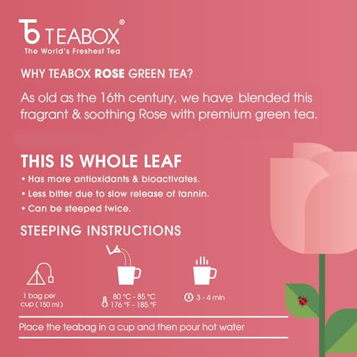 Teabox Rose Green Tea Bags 25 Pieces | Refreshing & Aromatic | Made with Whole Leaf & Natural Rose Petals