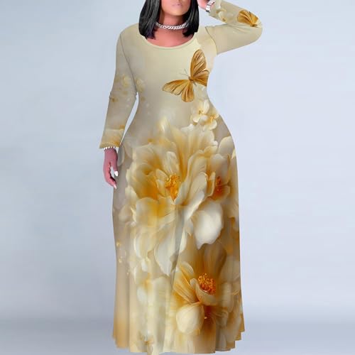 Image of PinkPatty Plus Size Maxi Dress for Curvy Women Crew Neck Long Sleeves Casual Dress Vacation Sundresses with Pockets
