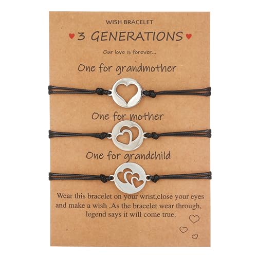 3 Generations Heart Bracelet Set,Grandmother Mother Daughter Bracelets Set Matching Jewelry,Mothers Day Gifts Christmas Jewelry Gift for Grandma Mom Daughter