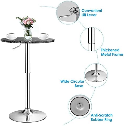 LDAILY Moccha Round Pub Table, Bistro Table w/Height Adjustable & 360°Swivel, Marble Cocktail Pub Table w/Anti-Slip Base for Home, Office Bar Table (1, Black)