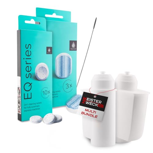 MEISTERZWECK4U Pflegeset Kaffeevollautomaten - 2x Wasserfilter, 1x Entkalkungstabletten, 1x Reinigungstabletten, Reinigungsbürste - Reinigungsset kompatibel mit Siemens, EQ Series, Supresso, Bosch MEISTERZWECK4U Pflegeset Kaffeevollautomaten - 2x Wasserfilter, 1x Entkalkungstabletten, 1x Reinigungstabletten, Reinigungsbürste - Reinigungsset kompatibel mit Siemens, EQ Series, Supresso, Bosch