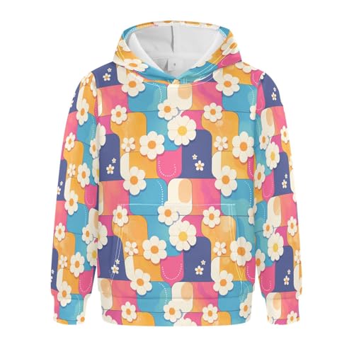 KLL Retro Checker Board Groovy Flower Unisex Girls Boys Sweatshirts Sweater Crewneck Cool Hoodie Clothes Kangaroo