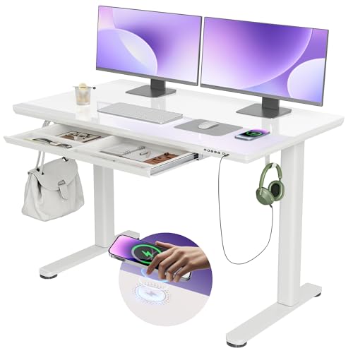 Image of INNOVAR Wireless Charging Glass Standing Desk with Drawers 48x24 Inch