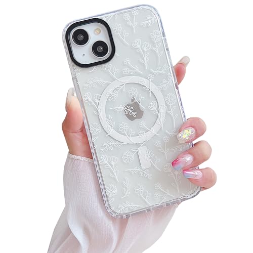 YUMUPIFE Designed for iPhone 15 Case [Compatible with MagSafe] Clear Floral Case Cute White Flowers for Women Girls Soft Silicone Shockproof Anti-Slip Case for iPhone 15 Case-Clear