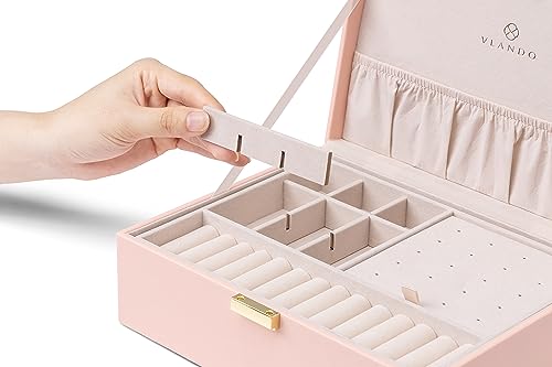 Vlando 2 Layer Jewelry Box Large Jewelry Organizer for Women Removable Jewelery Tray for Necklace Earrings Rings Bracelets Jewelry Boxes for Women Gift