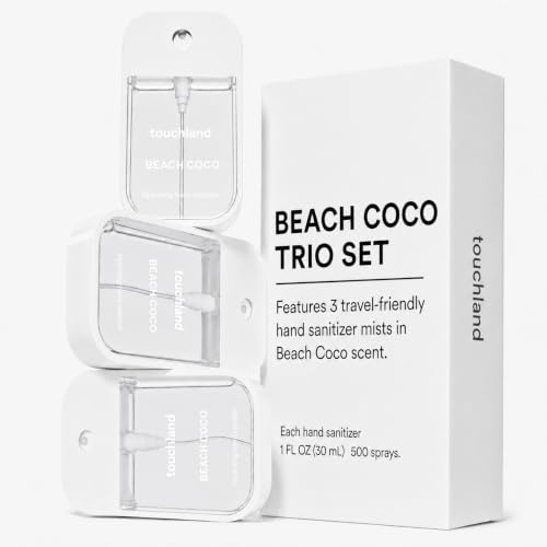 Image of Touchland Beach Coco Hydrating Hand Sanitizer Spray, 3 Pack Travel Size | TSA ready Power Mist with skincare benefits. Tropical and fresh scent, transporting you to sun-drenched shores.