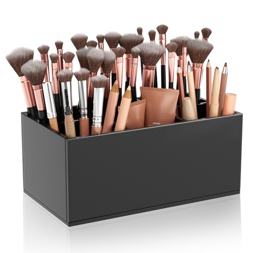 Image of HIIMIEI Black Makeup Brush Holder Organizer Acrylic 6-Slots Cosmetic Brushes Storage Organizer for Vanity Countertop