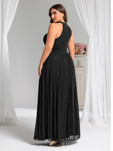 Image of Ever-Pretty Plus Women's Floor Length A-Line Halter Sleeveless Pleated Glitter Plus Size Formal Dress Evening Gown