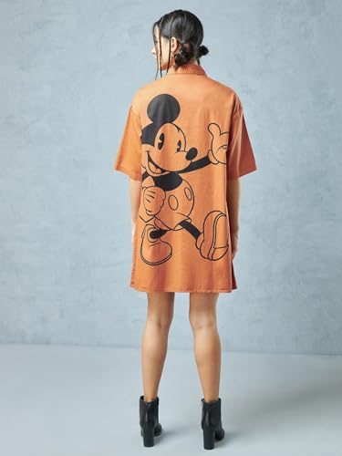 Bewakoof Official Disney Merchandise Women's Graphic Printed Oversized Fit Half Sleeve Collared Cotton Twill Shirt Dress 603368 Orange L