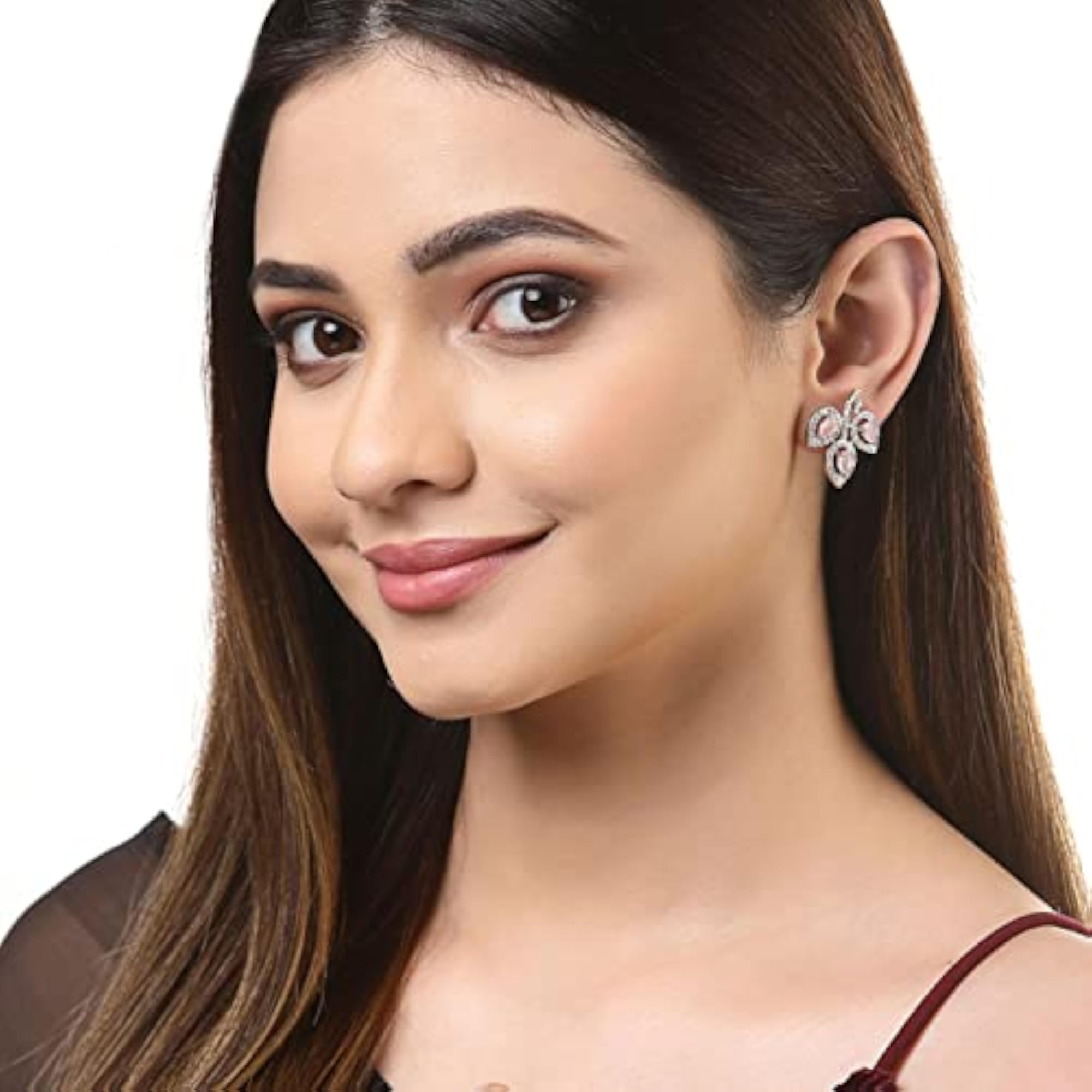 Leaf Shaped Rhodium Plated AD Stud Earring (Pink)