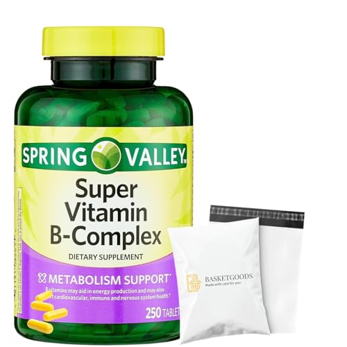Super Vitamin B Complex Spring Valley- Tablets 250 Count Blend of B6 B12 C thiamine biotin folate pantothenic Acid and riboflavin, Set with Basket Goods Store Polybag (1)