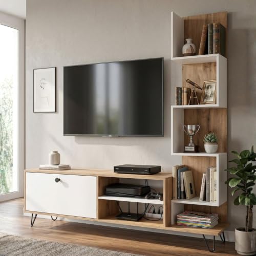 Image of FFO tv Unit for Living Room 43 inch with Storage & Display Shelves Wooden | Wooden Entertainment Center with Drawer & Open Rack | Industrial Metal Legs TV Stand for Living Room