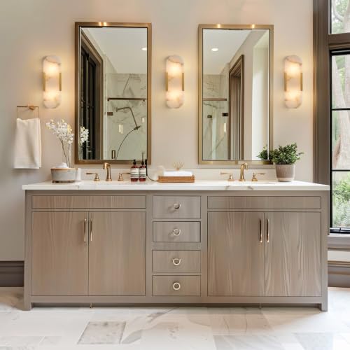 Image of 13.8 inch Alabaster Wall Sconces Set of Two, Natural Marble Wall Lighting, Brass Bedside Wall Lamp, Indoor Vanity Light Fixtures for Hallway,Bathroom Living Room (Including LED)