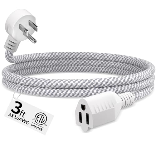 Seeklyze 16 Gauge Braided Extension Cord 3 FT 16/3 Flat Plug Power Cord Indoor 3 Prong White Extension Cable Flexible for Home Dorm Room Essentials 13A 125V 1625W ETL Listed