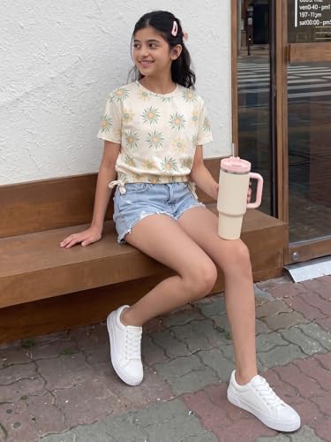 Image of Li'l Tomatoes Girls 100% Cotton Printed Top | Half Sleeve Casual Summer Top for Girls | Soft & Breathable Everyday Wear | Floral Sunflower Print | 9-16 Years