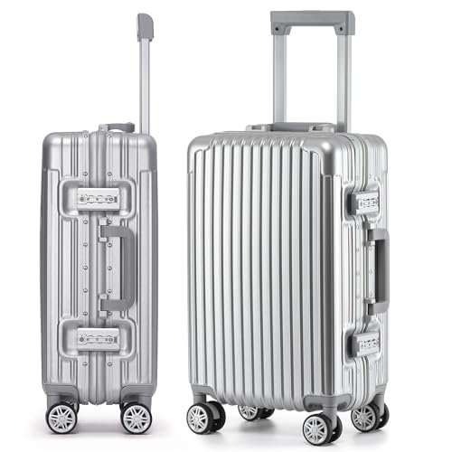 VATILIN 20 Inch Aluminum Frame Hardside Carry On Luggage Airline Approved Zipperless Lightweight Suitcase with Spinner Wheels & TSA Lock for International Travel & Business Silver