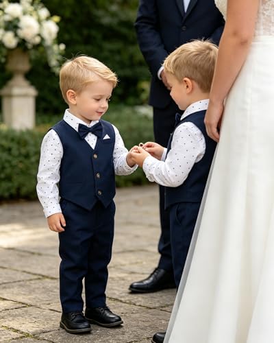 Image of SANGTREE Boys Suit Cotton Linen Formal Set Baby Boy Dress Clothes Gentleman Wedding Ring Bearer Outfits, 3 Months - 9 Years