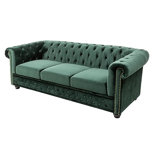 Riess Ambiente Chesterfield 3er Sofa 205cm flaschengrün Samt mit Knopfheftung und Federkern Dreisitzer 3-Sitzer Couch
