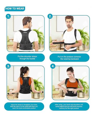 Image of Amazon Brand - Solimo Posture Corrector for Men & Women - Adjustable Back Brace with Lumbar Support, Shoulder Support & Waist Belt for Pain Relief & Better Posture | Black
