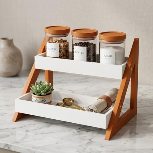 Image of Kitchen Organizer Rack - Multi-Purpose Kitchen Stand for Countertop & Cabinet Storage | Heavy-Duty Kitchen Rack Organizer for Spices, Utensils, Dishes & Pantry Items (2 Tier Brown)