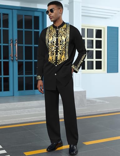 Mens African 2 Piece Sets Dashiki Metallic Traditional Suit Gold Stamp Printed Shirt and Pants Outfit2
