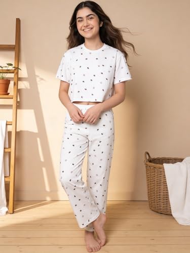 Image of Li'l Tomatoes Girls Cotton Night Suit Set | 100% Cotton Summer Co-Ord Set | Half Sleeve T-Shirt & Full Length Pajama | Soft & Breathable Printed Clothing Set | 9-16 Years