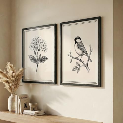 Image of NoWorries Wall Art Set of 2 Framed Prints | Vintage Botanical, Nature Bird, Coffee, Motivational & Modern Aesthetic Wall Decor for Living Room, Bedroom, Office & Home (Art-8, 25x37inch)