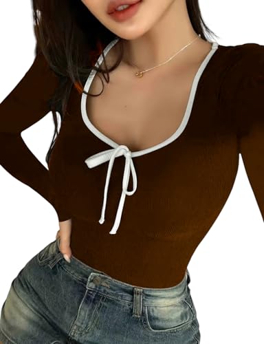 Image of Black Slim Fit Scoop Neck Top, Long Sleeves Top for Women,Front Knot Top