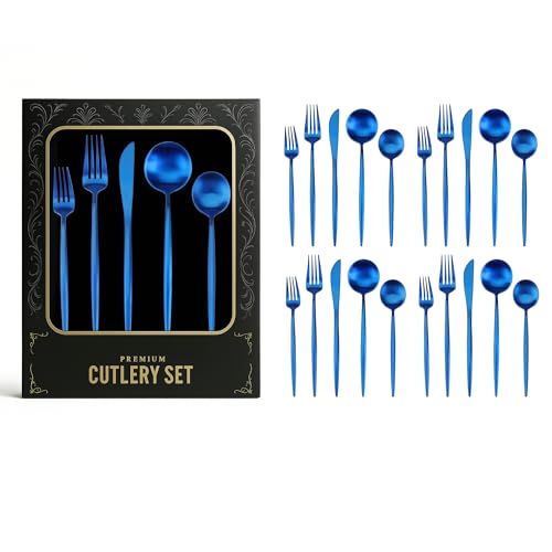 Image of aDai Korean Premium 20 Piece Stainless Steel Cutlery Set | Modern Flatware for Dining | Elegant Gift Box for Everyday Use (Blue)