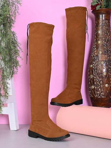 Image of XE Looks Women's Over-the-Knee Long Boots | Stylish Suede Finish with Tie-Up Detail | Comfortable Block Sole Winter Footwear for Girls and Women
