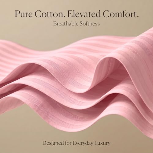Image of Mafatlal Italian Strip Cotton Bedsheet for King Size Bed with 2 Pillow Covers | 210 TC Pure Cotton Flat Sheet Light Pink | 108 x 108 Inches | Comfortable & Long Lasting