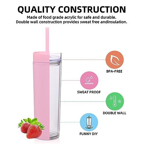 Volhoply 16oz Tumbler with Lid and Straw 8 Pack,Double Wall Plastic Skinny Tumblers Bulk,480ML Reusable Cute Coffee Mug,BPA Free Matte Acrylic Water Cups with Straw for Parties,DIY Gifts(Pink,8 Set - Image 3